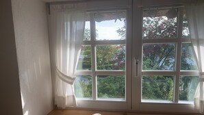 Una habitación con un ventanal grande, un repisa de madera y un adorno de concha marina.