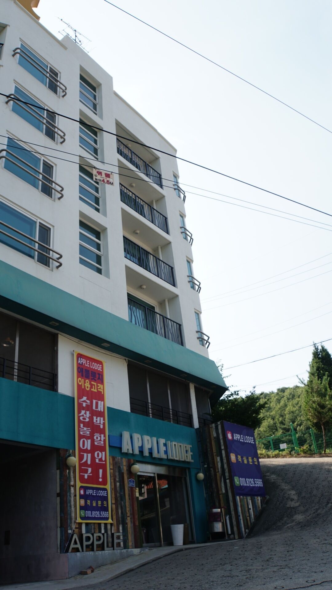 Un edificio de varios pisos con un cartel que dice "Apple Lodge" en la planta baja.