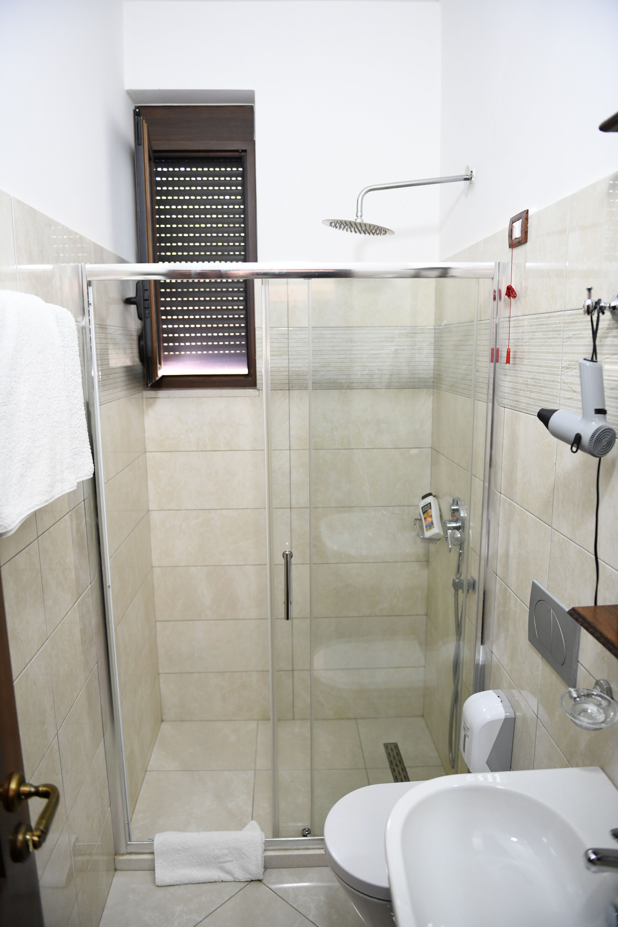 A glass-enclosed shower stall with a handheld showerhead, a toilet, and a sink.
