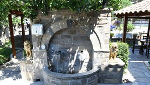 A stone fountain with a circular basin, flanked by two lion statues, set in a stone-paved courtyard with a pergola overhead. - Hotel Kaceli (Berat)