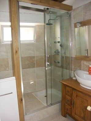 Shower, towels, soap, shampoo