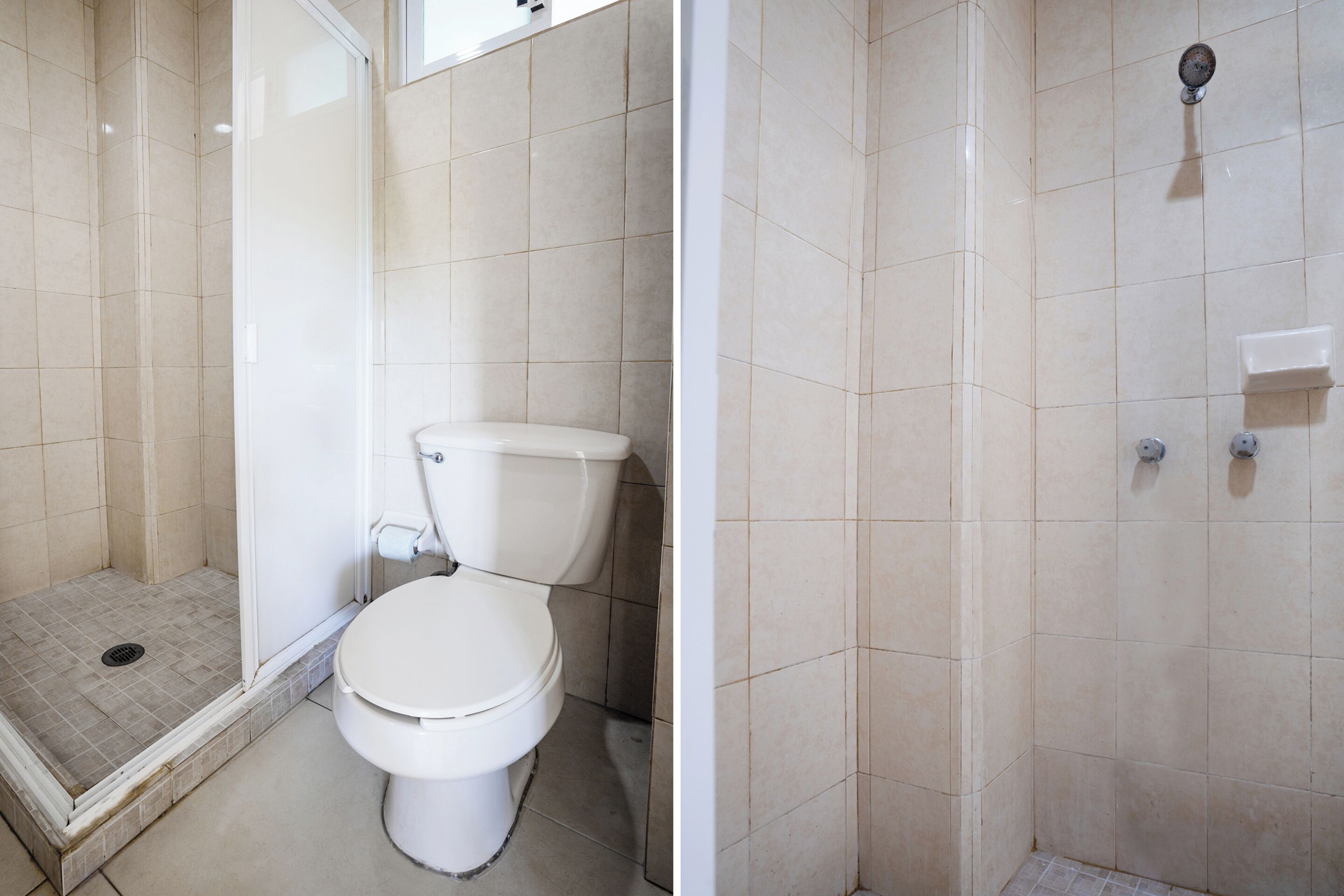 A bathroom with a toilet, shower, and a small window.
