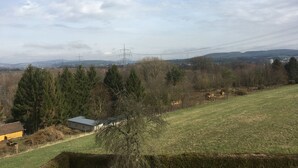 A rural landscape with a house, trees, and power lines. - Large vacation apartment / fitter's apartment on the outskirts of the village in a quiet location (Hochstadt am Main)