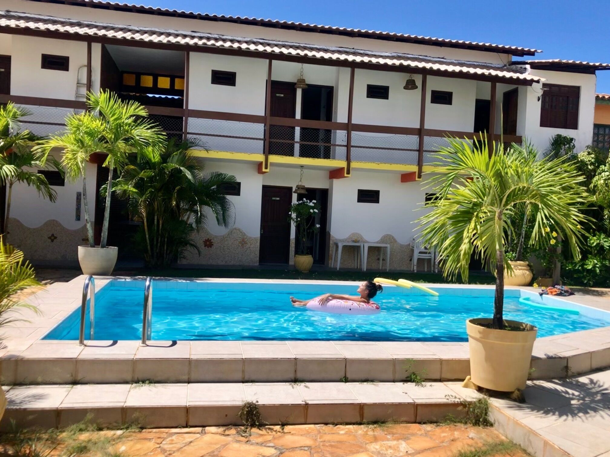 Una piscina con una persona nadando, rodeada de macetas con plantas y un edificio con múltiples ventanas y balcones.