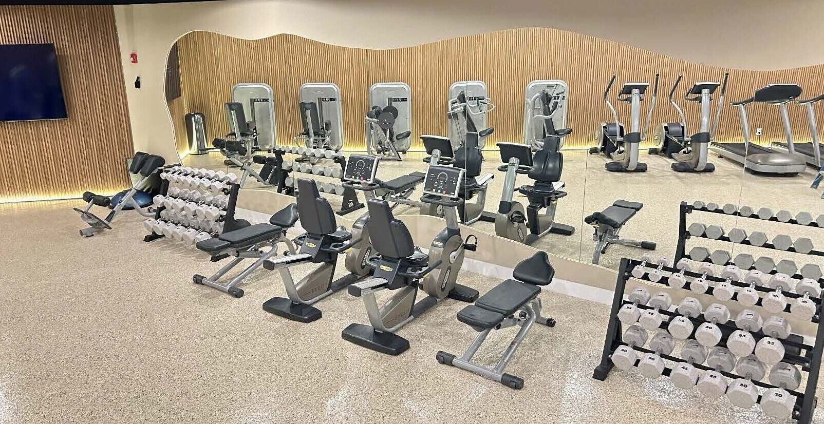 A gym with various exercise machines and dumbbells.