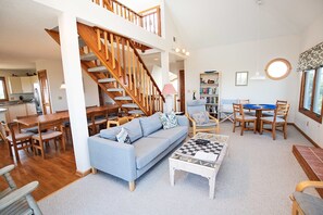 TV, fireplace, table football, books