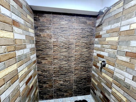 Shower, rainfall showerhead, hair dryer, towels. Hotel Sal Andina