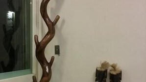 A wooden sculpture with a tree-like structure and two smaller sculptures with animal heads. - Malaya Guesthouse (Budai)