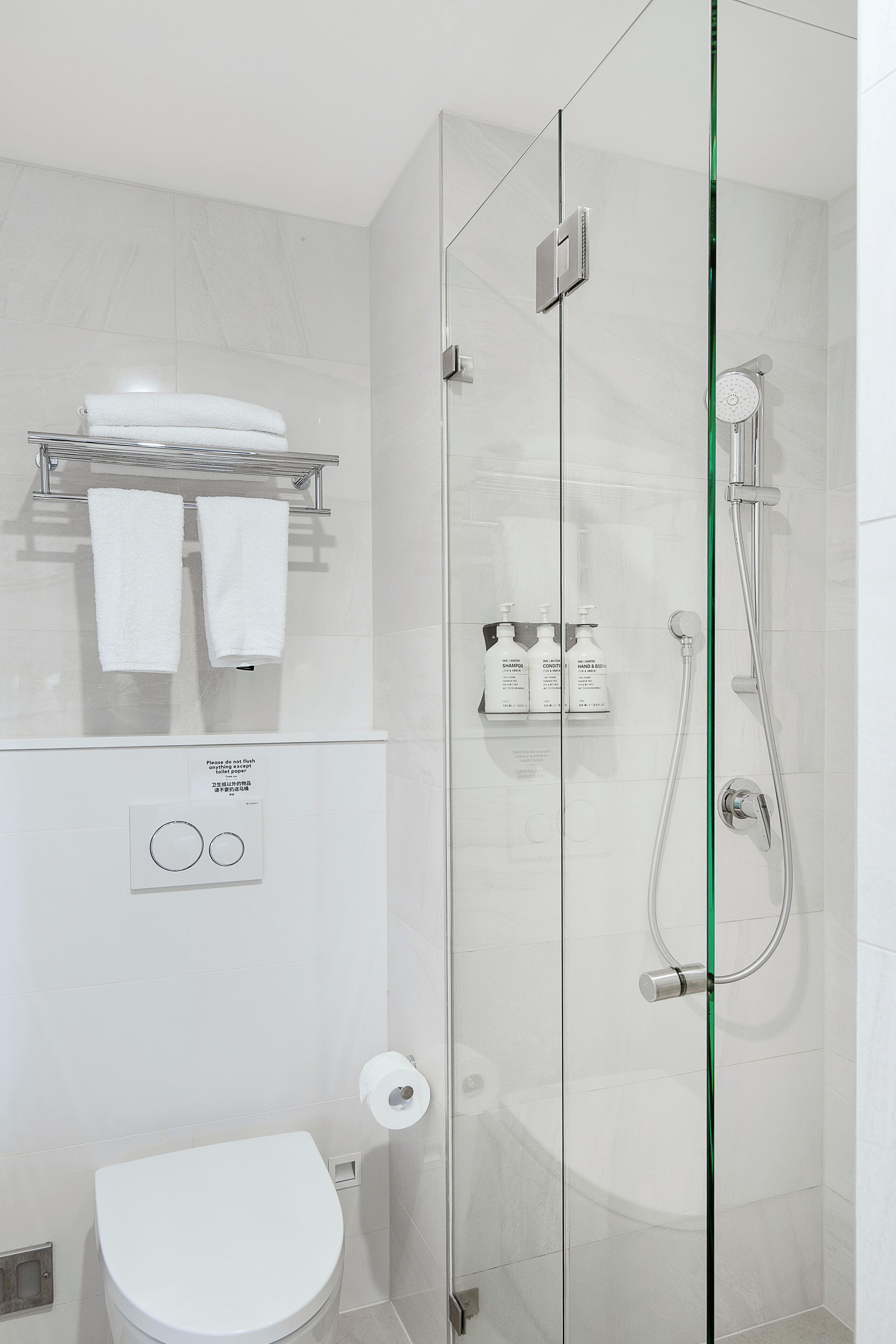 shower, eco-friendly toiletries, hair dryer, towels
