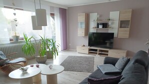 Un salon moderne avec un canapé gris, une table basse et un meuble pour la télévision, sur lequel est posé un téléviseur à écran plat. On aperçoit, au fond, des plantes en pot et un radiateur.