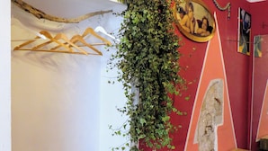 Una stanza con una parete rossa, una panca di legno, un piccolo condizionatore d'aria e una pianta fissata al muro.