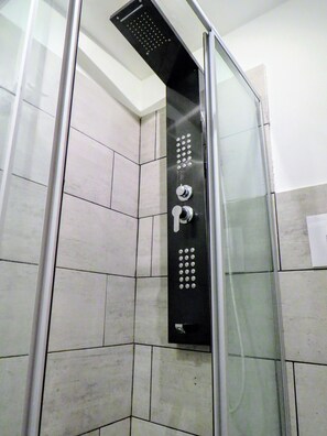 Shower, hair dryer, bidet, towels