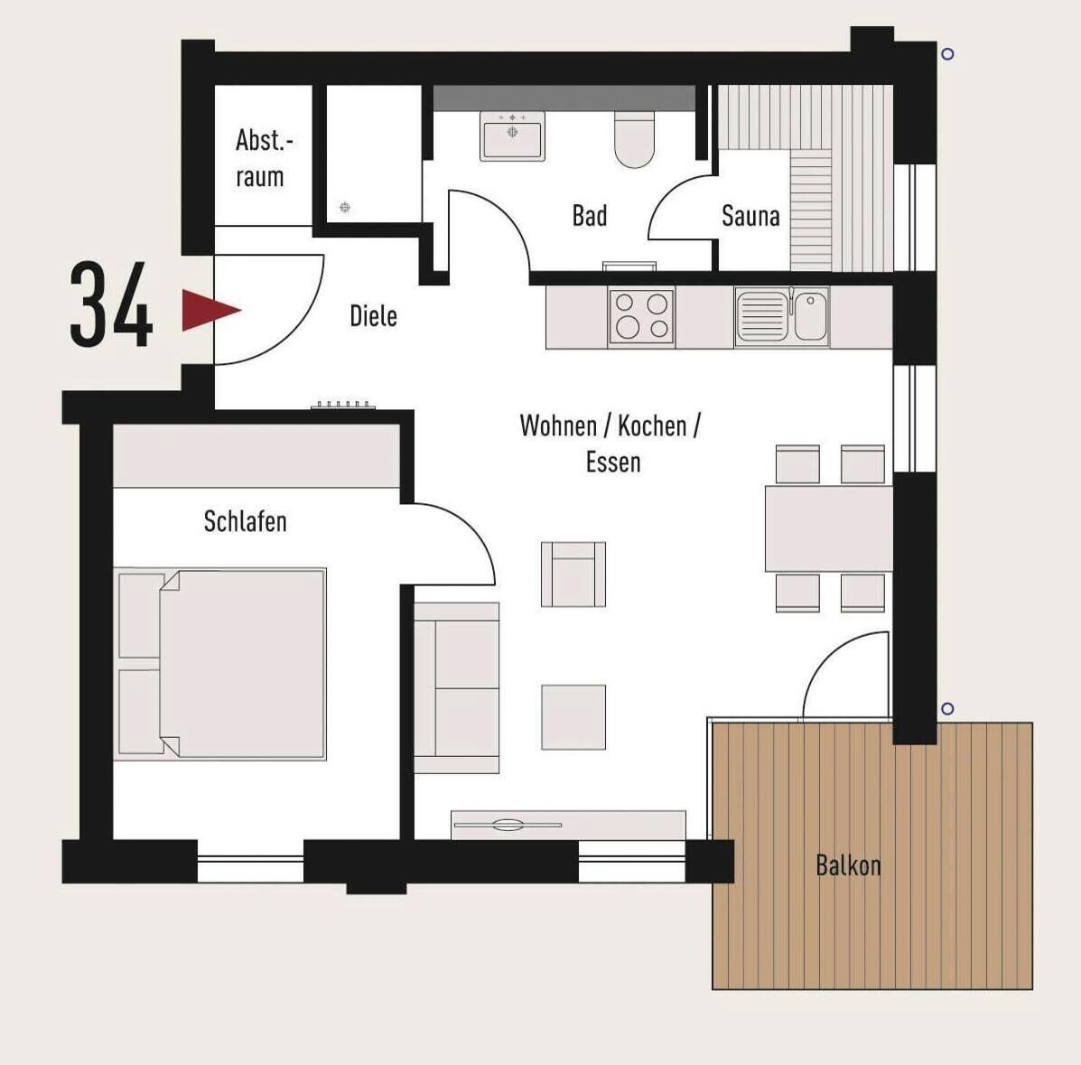 Ein Grundriss eines Hotelzimmers mit Bad, Küche, Essbereich, Wohnzimmer und Balkon.