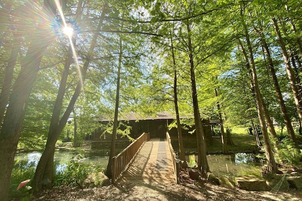 Walkway over the pond to enter the cabin