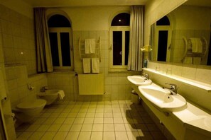 Hair dryer, towels, soap, toilet paper
