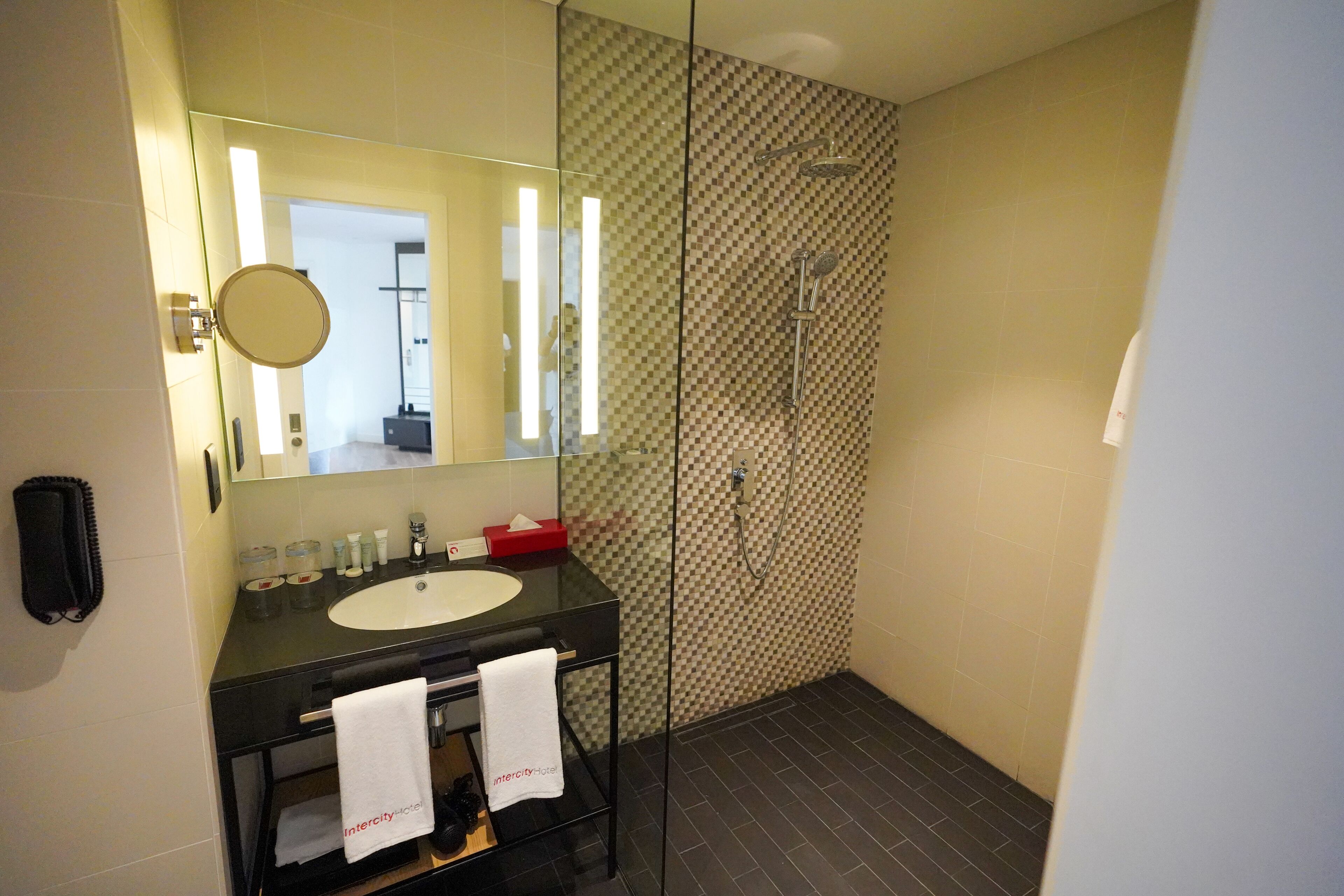A modern bathroom with a glass-enclosed shower, a black vanity with a sink, and a large mirror.