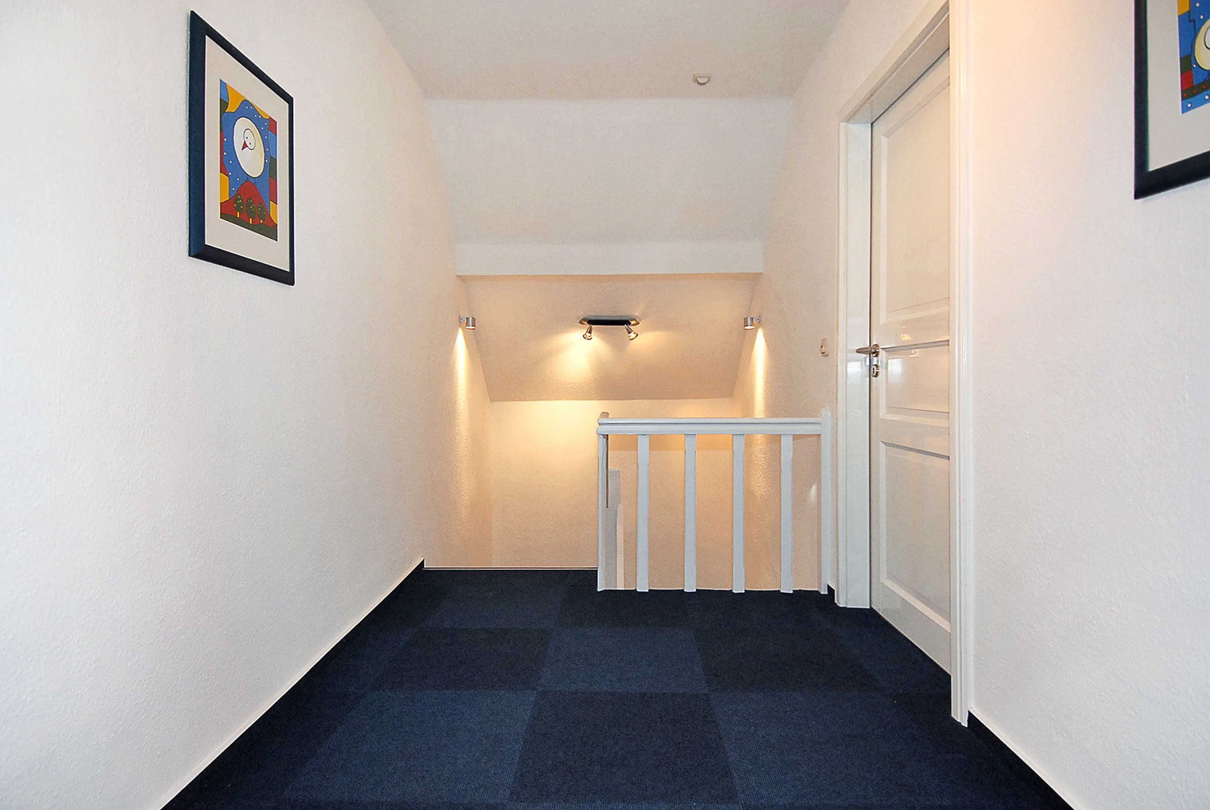 A hallway with a white door, a white railing, and a framed picture on the wall.