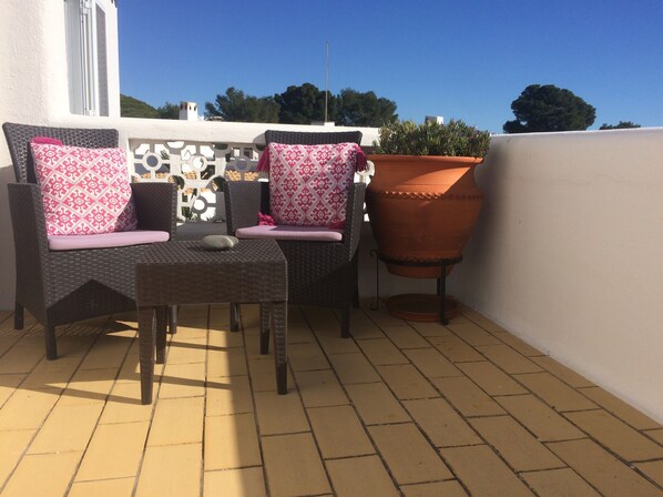 Une terrasse dotée de meubles en osier, d’une plante en pot et d’un sol carrelé.