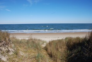 A beach with sand and grass in the foreground, and the ocean in the background. - Treetop Rustic - Beach Front, 2 Bedroom Apt. - Pet Friendly, Wi-Fi, Parking (Norfolk)