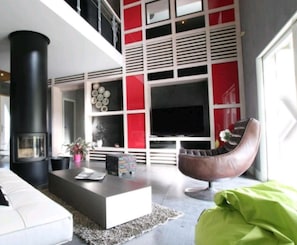 TV connectée, cheminée, livres