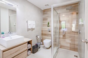 Dusche, Haartrockner, Handtücher, Shampoo