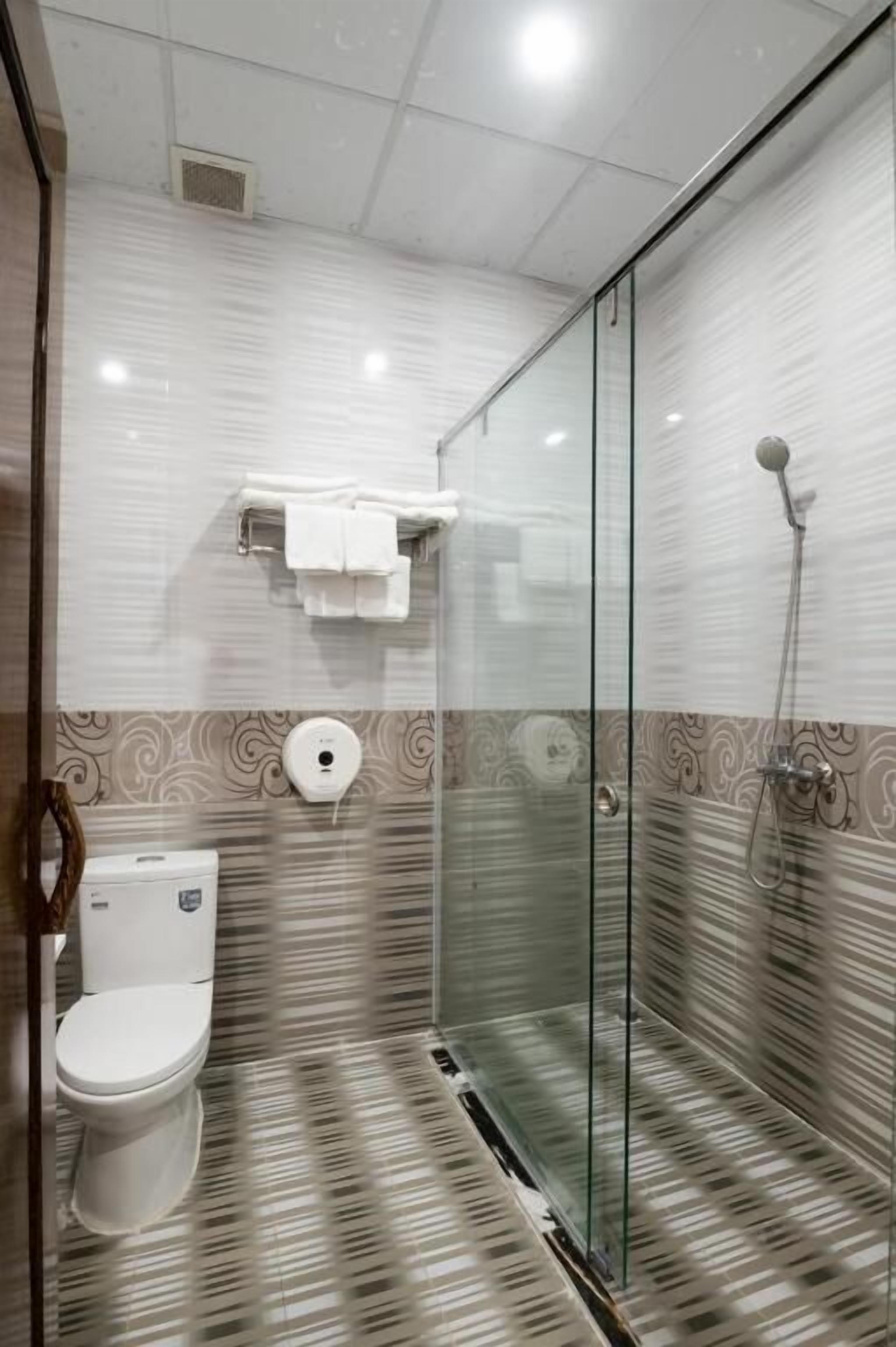 A modern bathroom with a glass-enclosed shower, a toilet, and a towel rack.