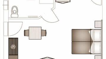 A floor plan of a hotel room with a bed, a desk, a chair, a wardrobe, a bathroom, and a small seating area.