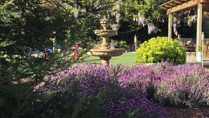 Ein Garten mit einer Steinfontäne, Lavendelbüschen und einer Pergola.