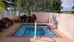 A rectangular swimming pool with a white safety rail, surrounded by a tiled patio with red and blue tiles. - Lakefront Near Legoland Easy Drive to  Disney / Theme Parks  (Lake Wales)