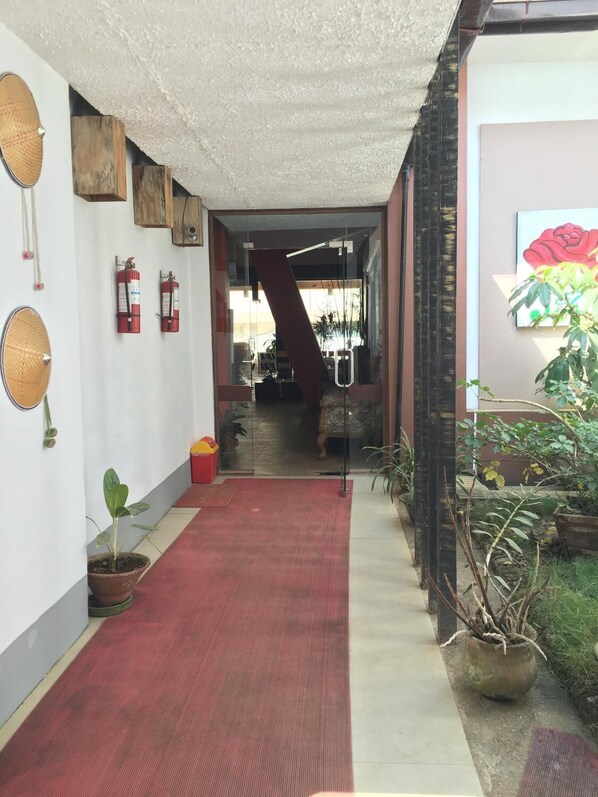 Un pasillo con alfombra roja, plantas en macetas y extintores en la pared.