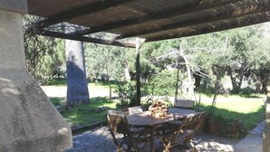 An outdoor patio with a wooden table and chairs, surrounded by greenery and trees.