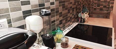 Fridge, microwave, oven, cookware/dishes/utensils