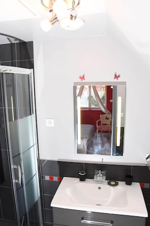 Douche, sèche-cheveux, serviettes fournies, papier toilette
