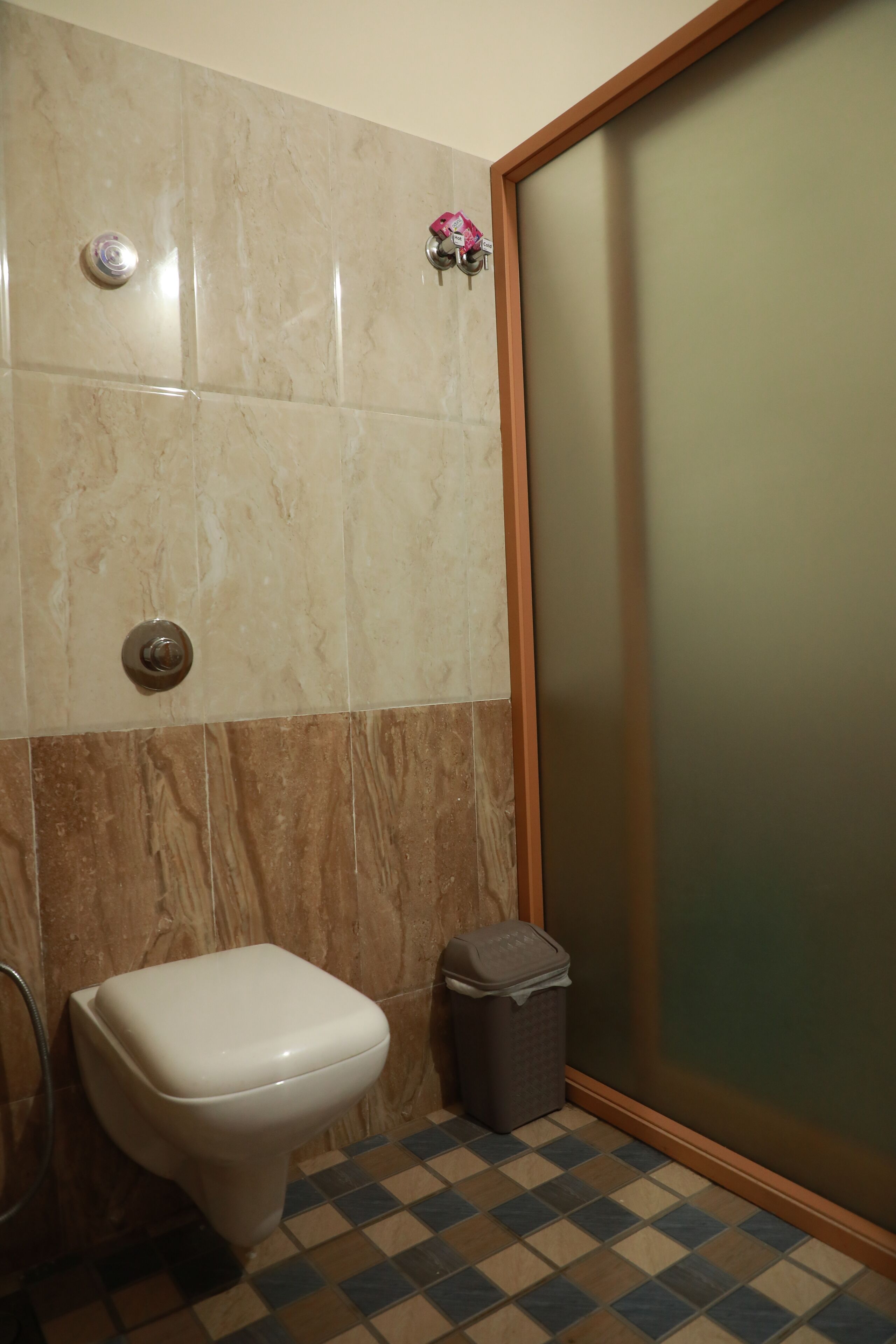 Ein Badezimmer mit Toilette, Mülleimer und Duschbereich mit Milchglasduschtür.