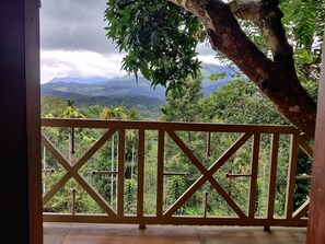 Un balcón de madera con vistas a montañas verdes y un cielo nublado.