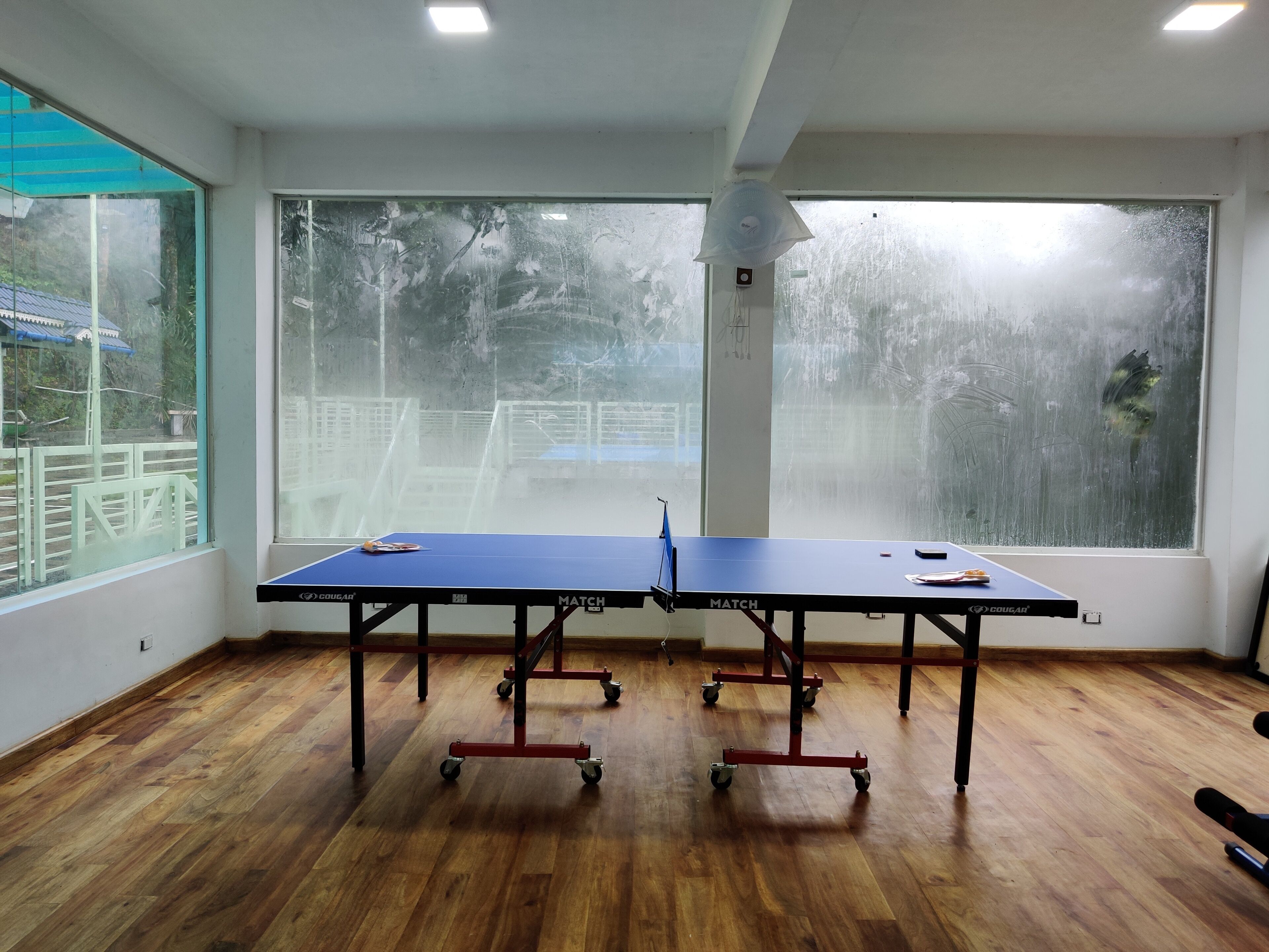 Une pièce équipée de deux tables de ping-pong, d’un ventilateur de plafond et de grandes fenêtres à vitres dépolies.
