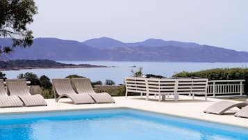 Seasonal outdoor pool, pool umbrellas, pool loungers