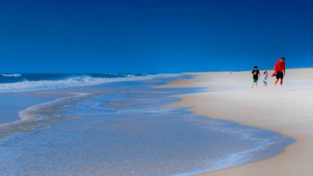Une plage avec un ciel dégagé et une mer calme.