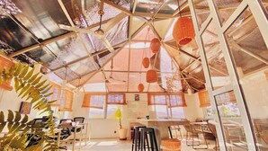 A spacious, well-lit room with a high ceiling, large windows, and hanging baskets.
