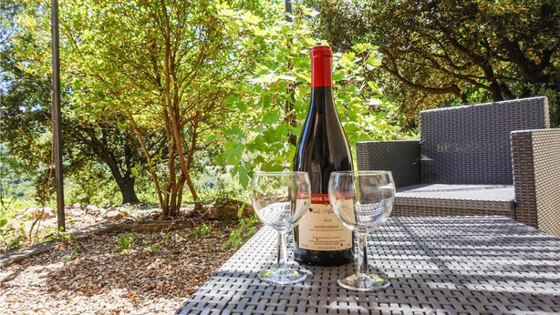 A bottle of wine and two glasses on a wicker table outdoors, surrounded by trees. - Awesome home in Pierrerue (Pierrerue)