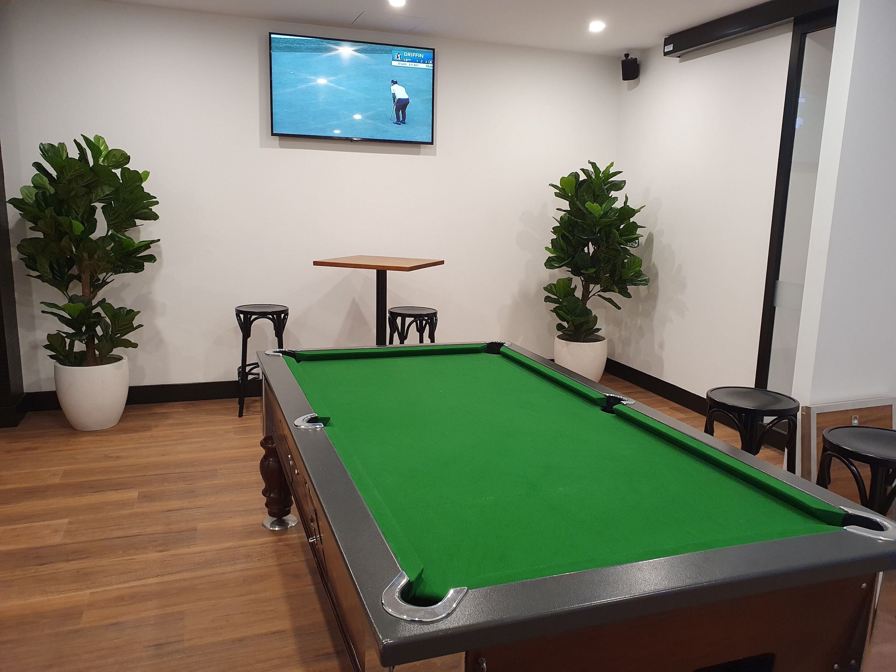A pool table with a green felt surface, two potted plants, a television mounted on the wall, and two small round tables.