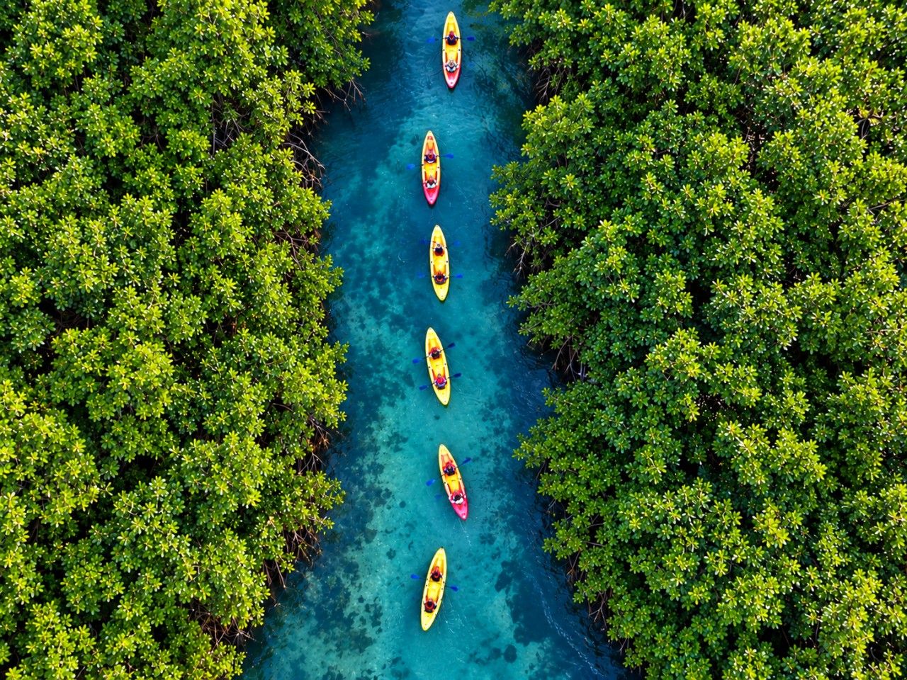 A river with kayaks lined up on the banks.