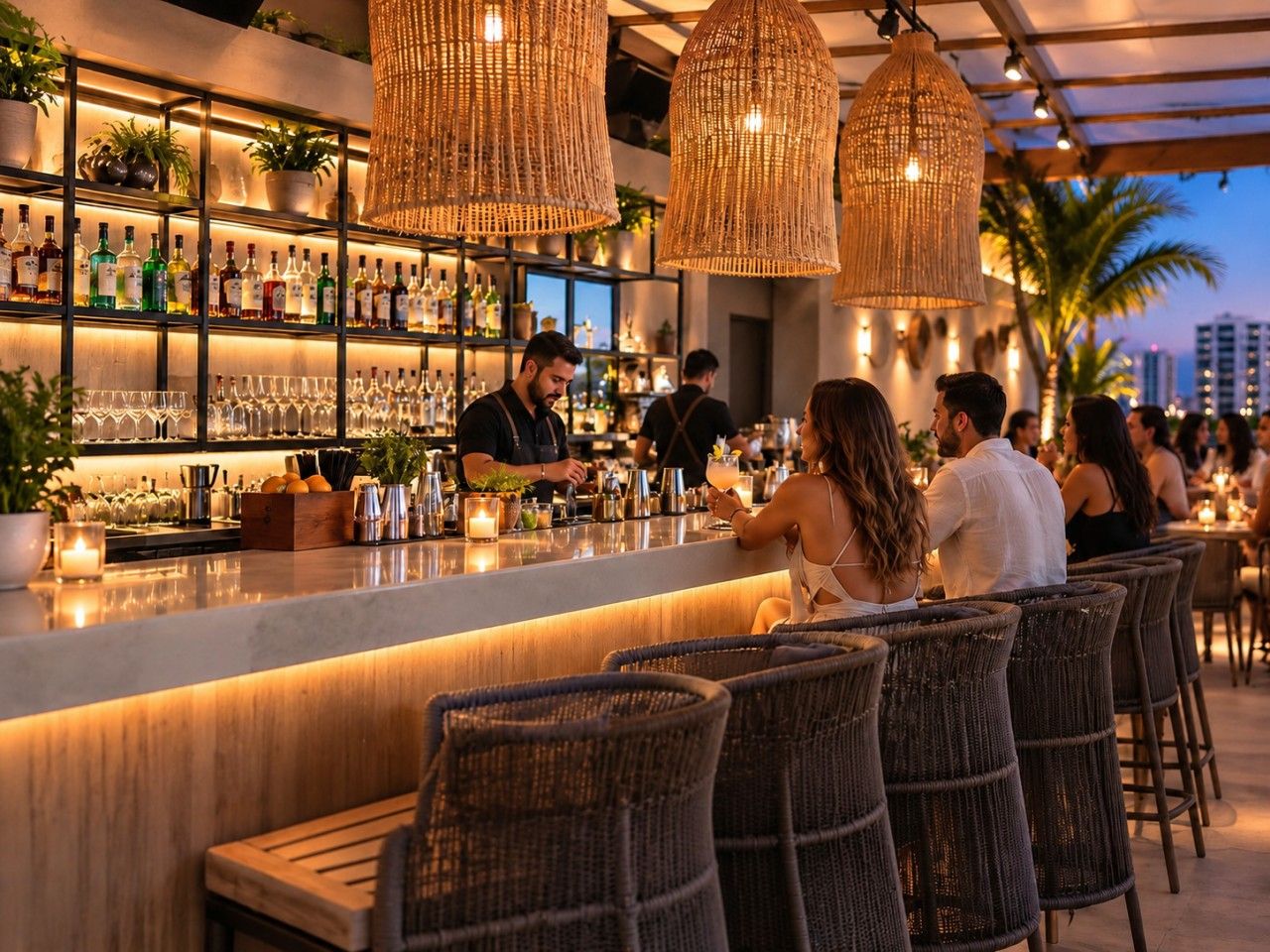Un espace bar avec des chaises en osier, un comptoir et des étagères remplies de bouteilles et de verres.