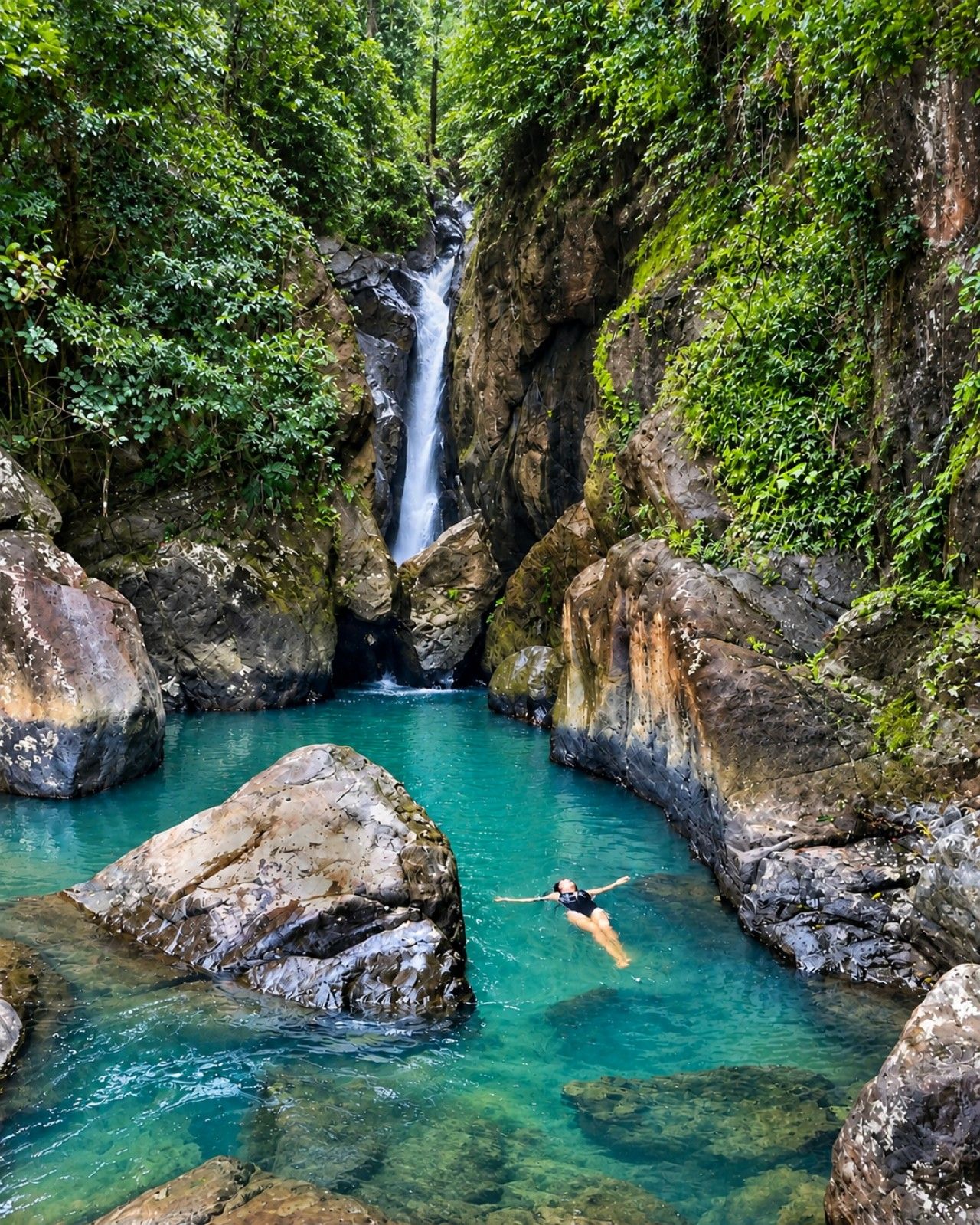 A natural landscape with a waterfall, clear water, and a person swimming.