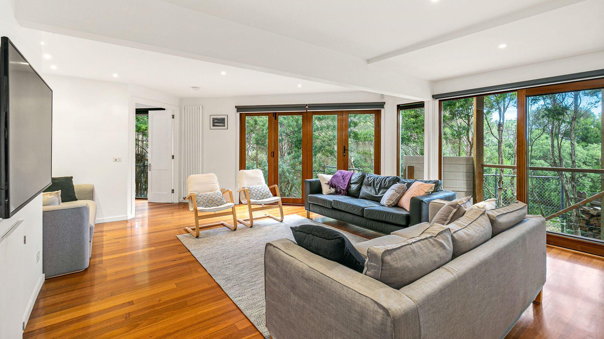 TV, fireplace, books