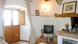 Un salon chaleureux avec une télévision, une cheminée et un plafond en bois rustique.