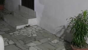 A courtyard with a tiled floor, potted plants, and a building with barred windows and a white exterior. - Nzecy Appart. A studio with a velvety, air-conditioned living room. (Libreville)