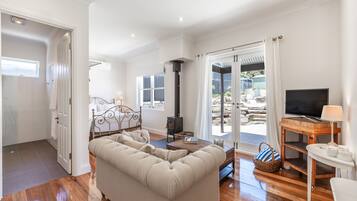 TV, fireplace, DVD player, music library