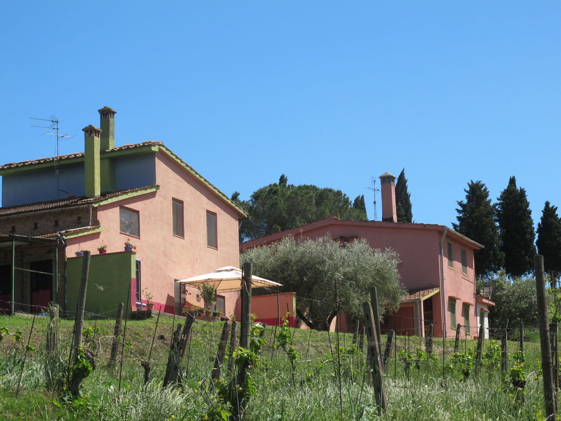 Ein zweigeschossiges Haus mit Garten, einschließlich Holzzaun und einem kleinen Baum.