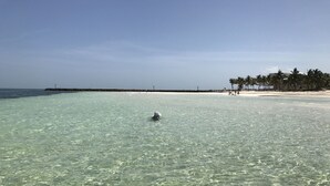 En strand med klart turkis vand, en person der svømmer, og en fjern kystlinje med bygninger og palmer.
